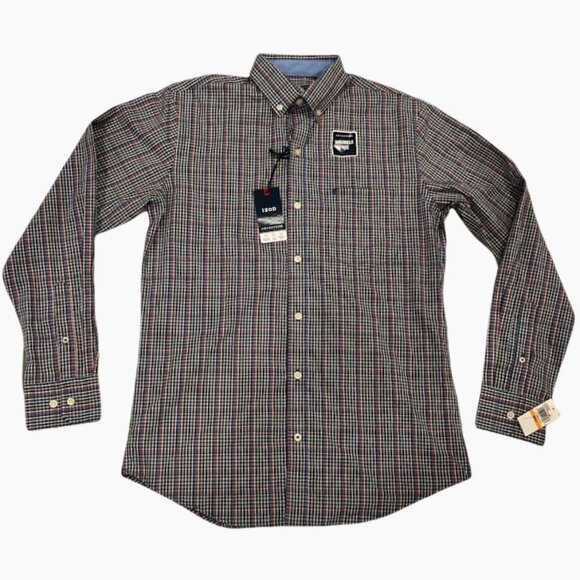 Izod Gingham Plaid Button Down Dress Shirt Red White Blue Small Collared Cotton - Picture 1 of 4